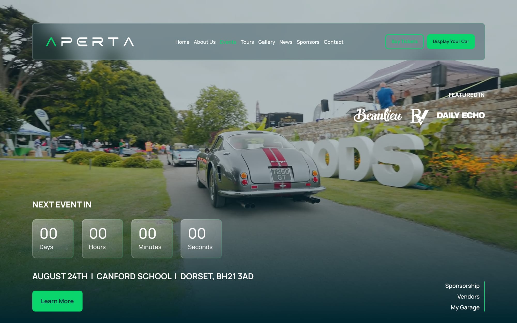 The events page, with the countdown to the next show at Canford School.