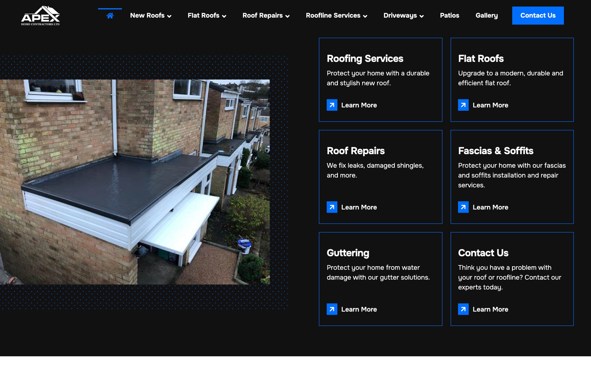 Roofing, flat roofs, repairs, fascias and guttering: the services on the homepage.