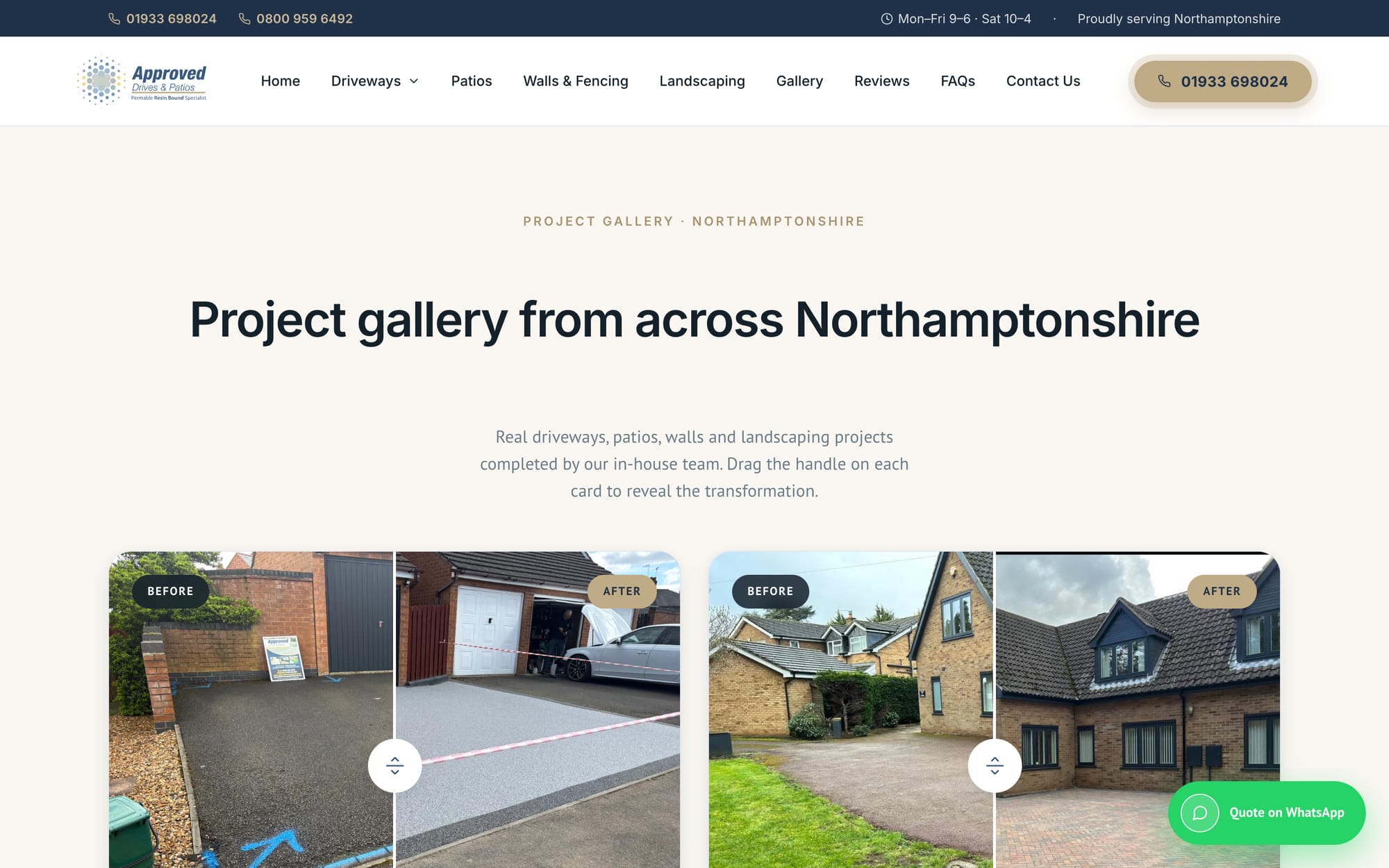 The gallery: before-and-after sliders and the filterable project grid.