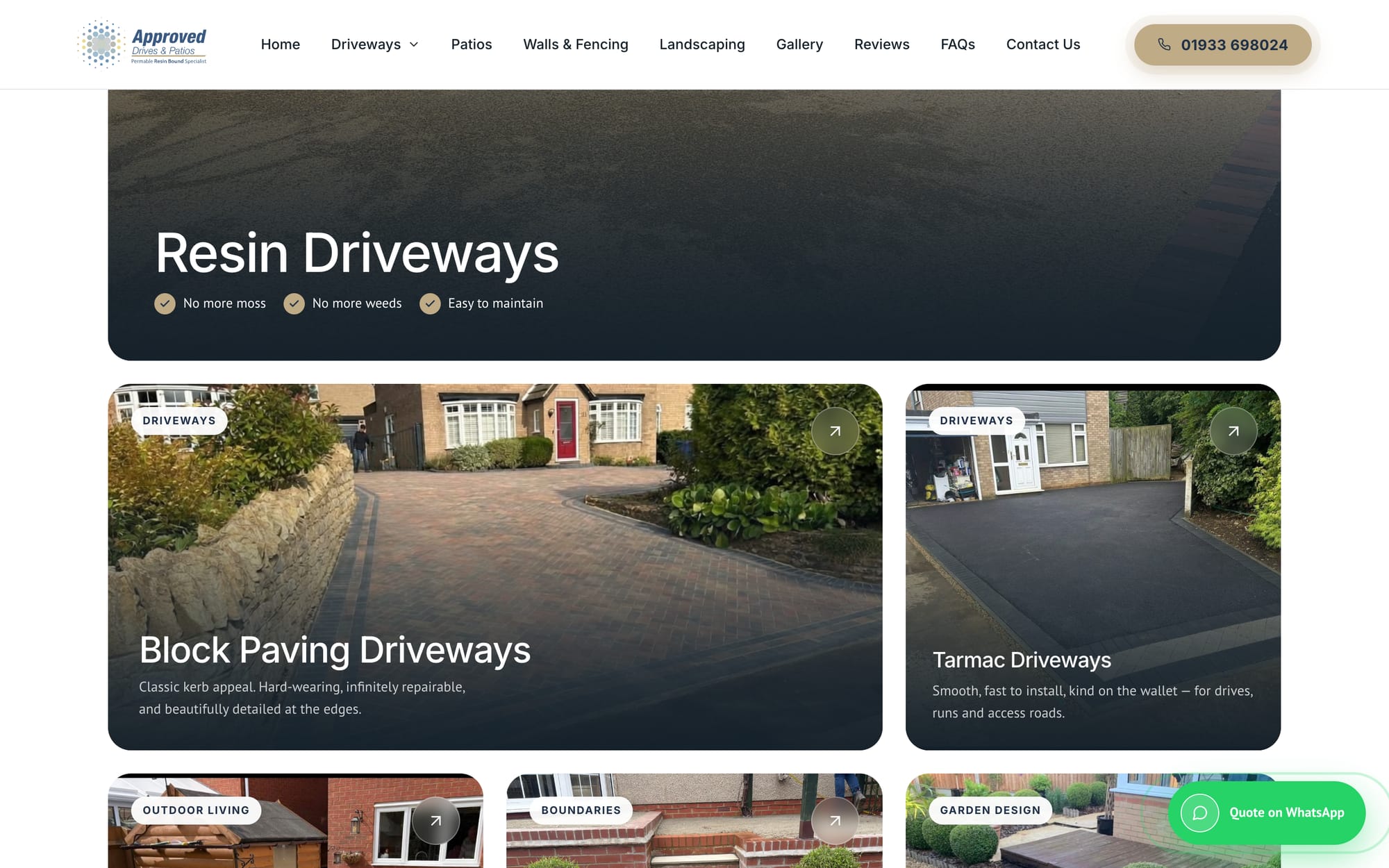 Resin, block paving and tarmac driveways, each with its own page.