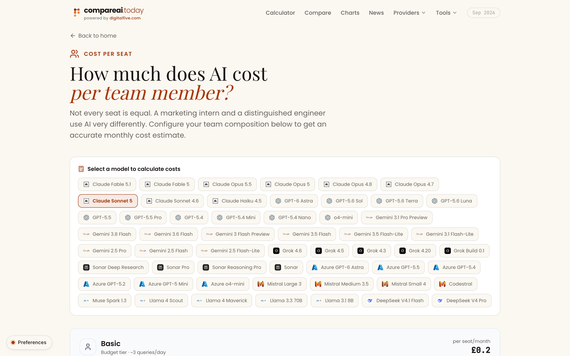 Cost per seat: pick a model and see the monthly cost per person.