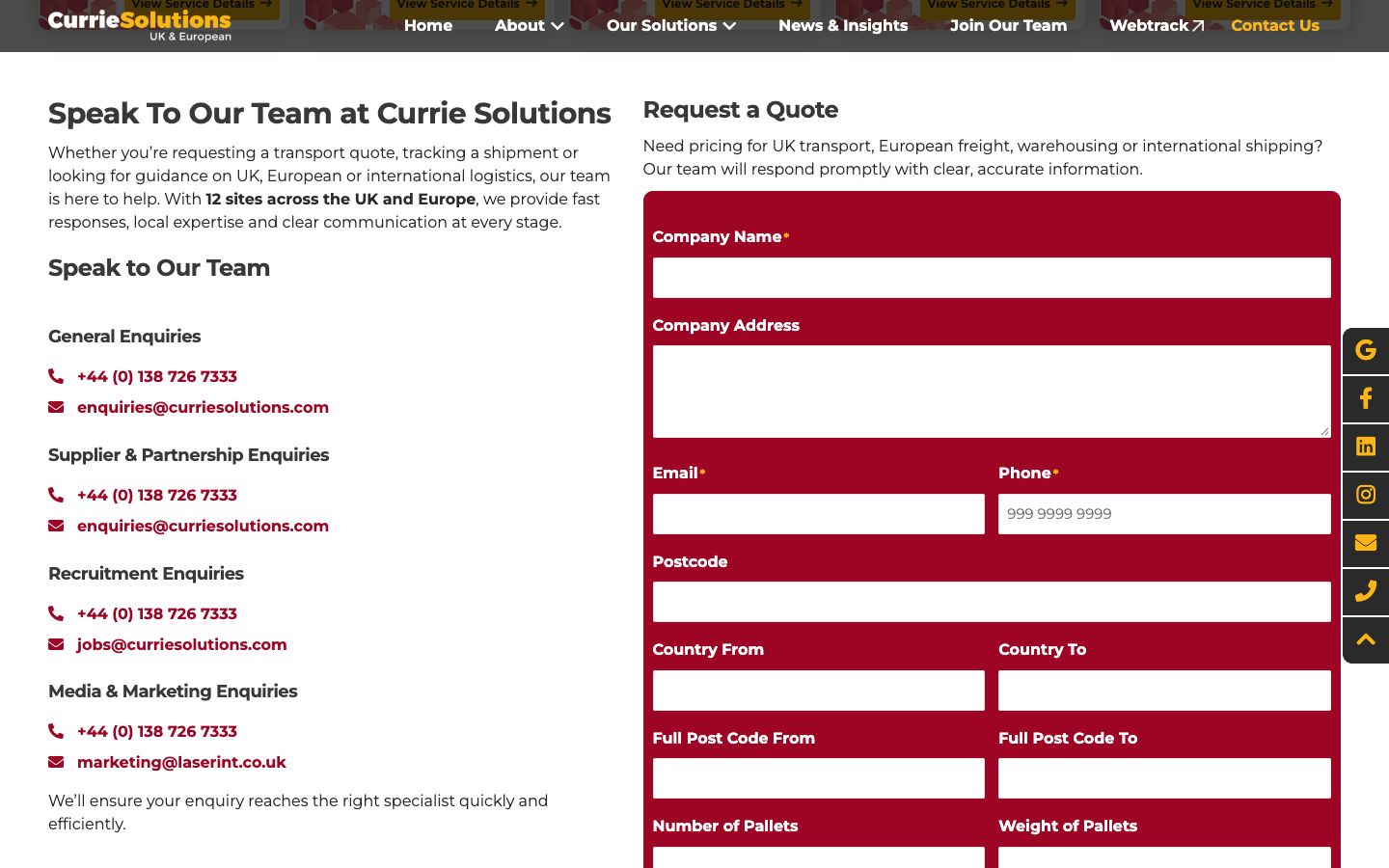 Contact: the team by department, and a quote form built for freight.