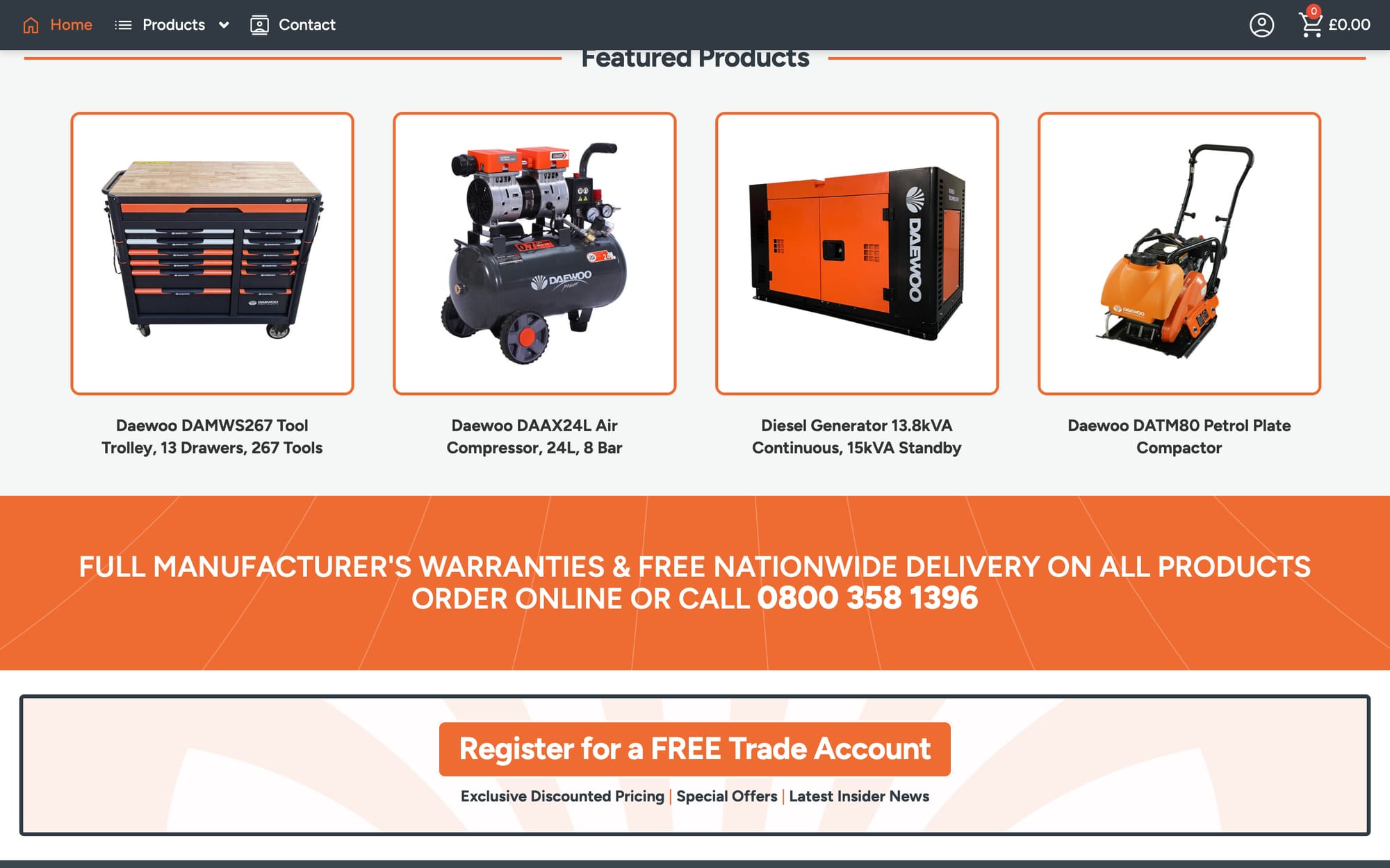 Featured products, with the trade account sign-up below.