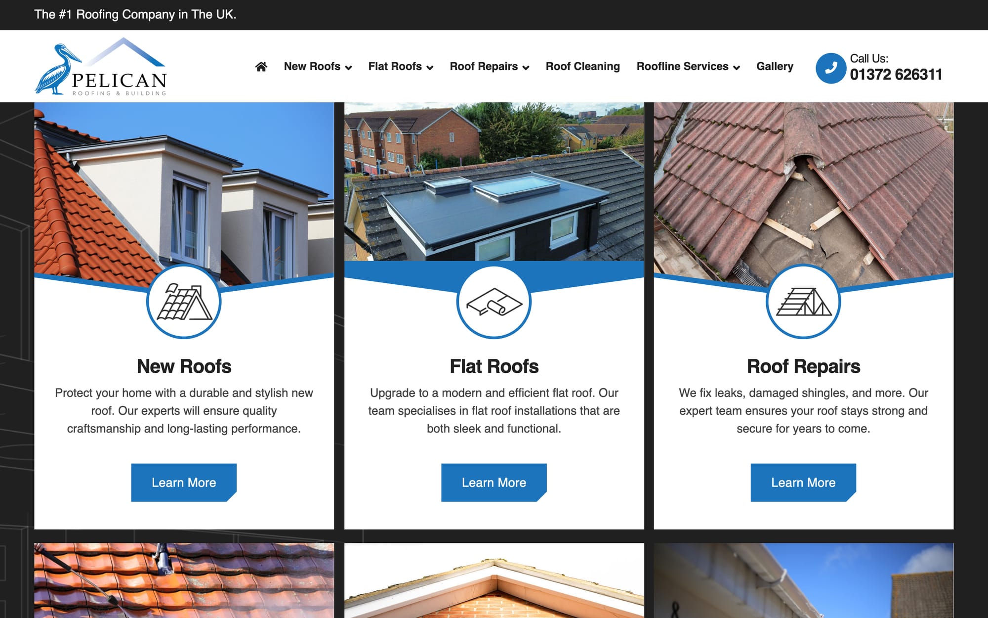 New roofs, flat roofs and repairs: the services on the homepage.