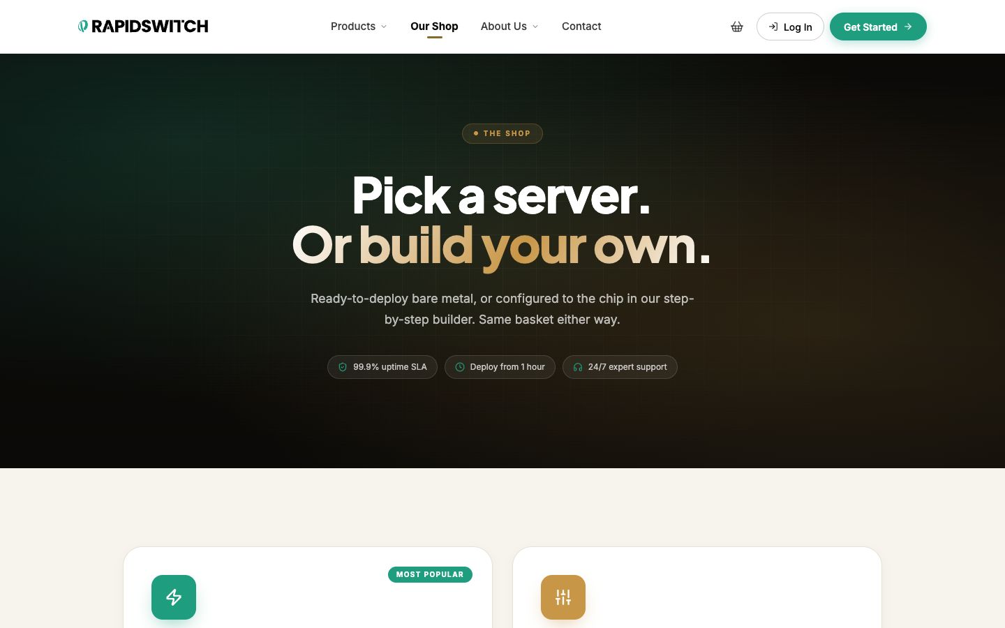 The shop: pick a server, or build your own.