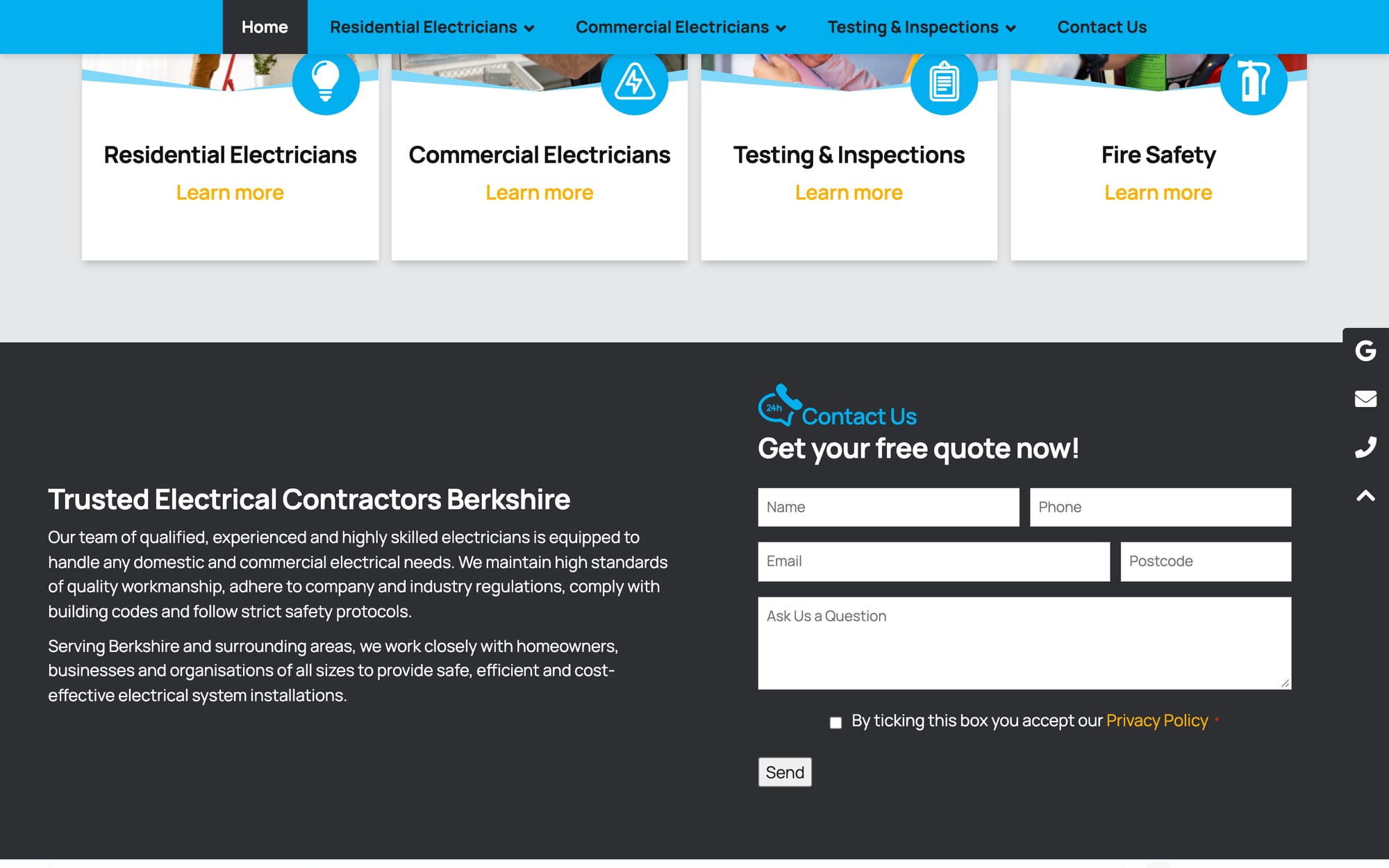 Residential, commercial, testing and fire safety, with the quote form below.