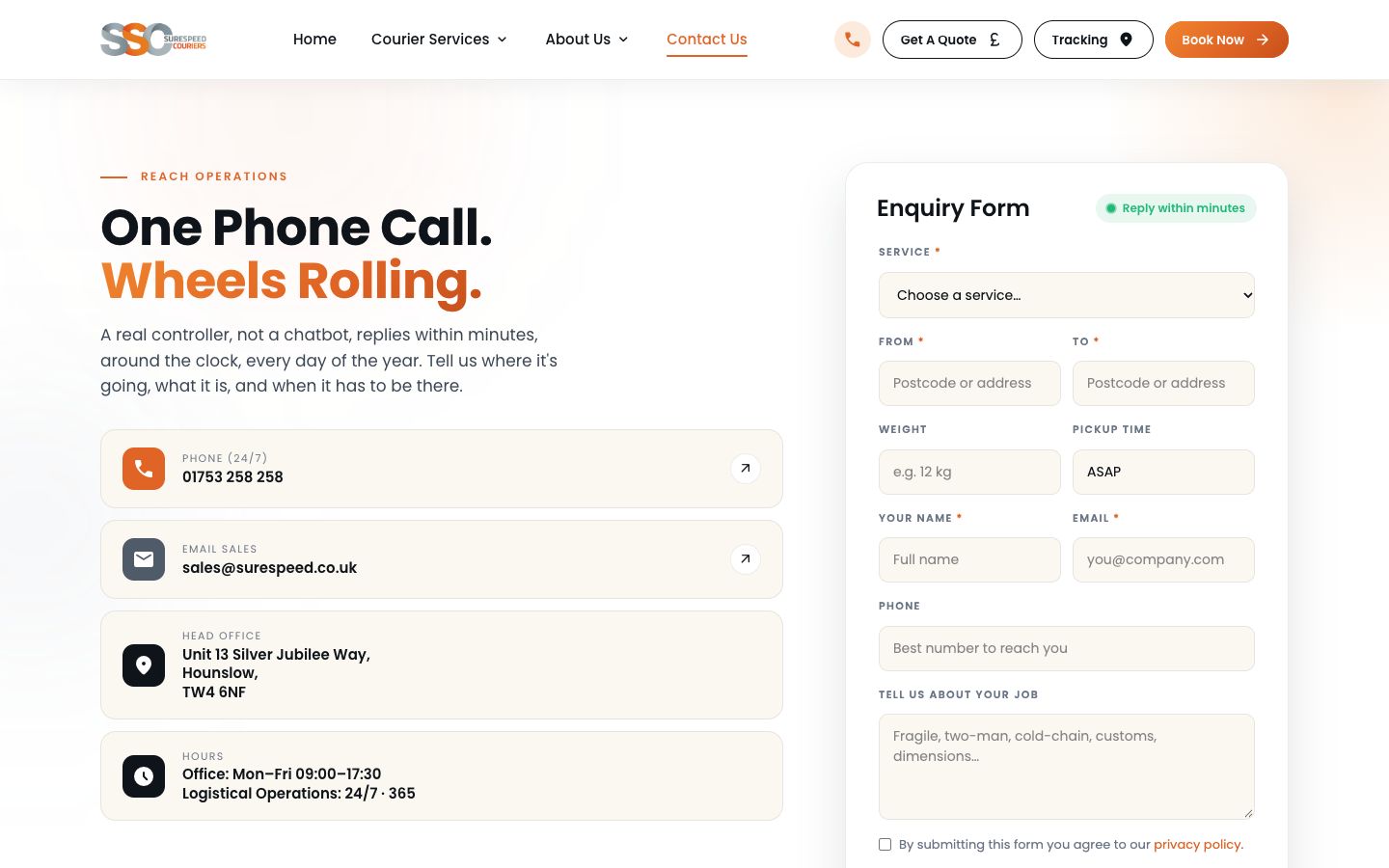 The contact page: phone, email and hours beside the enquiry form.